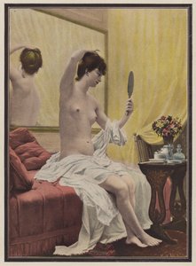 Kvinne på morgentoalettet hennes (farge litho) av Celestin Francois (after) Nanteuil