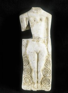 Kvinne med tre bryster. Statuett laget av den keltiske keramikeren "" Rextuguenos"" signatur og rouelles (kun kjent armorikansk keramiker), for Laraire (bedested i en romersk villa)