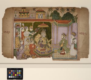 En konge og hoffmenn lytter til en musiker, ca. 1750 (ugjennomsiktig akvarell og gull på papir) av Central Indian School