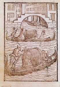 Gondoler i lagunen i Venezia på 1400-tallet Gravering fra "" Av gamle og moderne klær "" av Cesare Vecellio (1521-1601) 1590 Venezia Biblioteca Marciana av Cesare (after) Vecellio