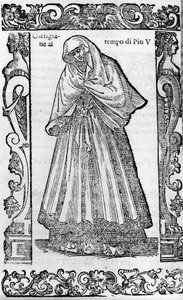 Renessanse: en kurtisane på tiden til pave Pius V (1566-1572). Gravering fra "" Moderne og eldgamle kostymer"" av Cesare Vecellio av Cesare (attr. to) Vecellio