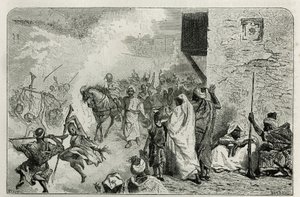 En ung gutt bærer seg i triumf ved returen av omskjæringsseremonien, midt i mengden som skyter pistolskudd i luften, mens han skriker og koser seg igjen, gravering av C.Biseo for å illustrere historien Le Maroc av Edmondo de Amicis , i