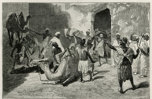 Lasting av kameler fra karavanen til forfatteren av historien, Atanger, gravering av Biseo, for å illustrere historien Le Maroc av Edmondo de Amicis, i 1875, publisert i tour du monde, under ledelse av Edouard Charton