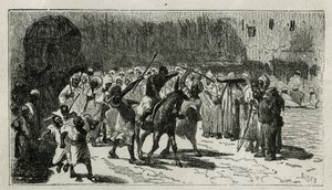 chatiment av en tyv, klatrer på et muldyr, han mottar batonger under fargene av mengden, gravering av C.Biseo, for å illustrere historien Le Maroc av Edmondo de Amicis, i 1875, publisert i tour du monde, under retning av Edouard Charton av Cesare Biseo