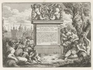 Dedikasjon til og våpenskjold til Agostino Chigi og utsikt over Roma Fontane di Roma (serietittel) Fountains of Rome (serietittel) av Cesare Fantetti