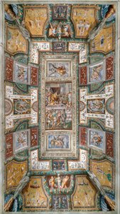 Pier Maria Rossi har æren av St. Michael-ordenen, utsikt over taket på Sala delle Gesta Rossiane, Rocca dei Rossi, San Secondo, Parma, Italia, ca. 1570 (fresco) av Cesare and Jacopo Bertoia and others Baglione
