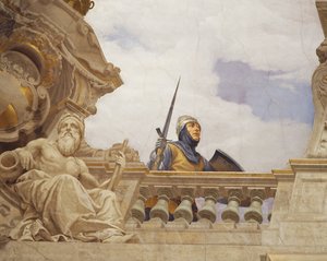 Detalj fra Allegory of Italy, freskomaleri av Cesare Mariani (1826-1901), tak, Hall of Majority, Palazzo delle Finanze (Finanspalasset), Roma. Italia av Cesare Mariani