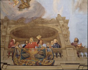 Detalj fra Allegory of Italy, freskomaleri av Cesare Mariani (1826-1901), tak, Hall of the Majority, Palazzo delle Finanze (Finanspalasset), Roma. Italia