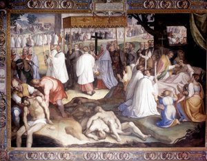 Milanos pest: Saint Charles Borromeo (San Carlo Borromeo) (1538 - 1584) kommuniserer de døende. Fresco av Carlo Nebbia ved Borromeo College i Pavia. Det 16. århundre