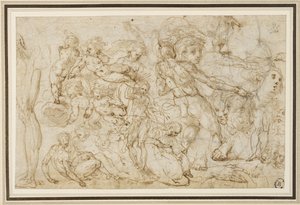 Ark med figurstudier, ca. 1600 (blekk og vask, blyant, kritt på lagt papir) av Cesare Pollini