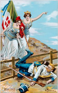 Første verdenskrig: plakat som viser en allegori om Italia og Frankrike som jager Tyskland utover grensen. Illustrasjon av Cesare Tallone (1853-1919) Privat samling av Cesare Tallone