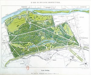 Plan over Bois de Boulogne i Paris, utgitt av Caudrilier, 1860 av Ch. Walter
