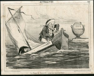 Illustrasjon av Cham (1819-1879) i Le Charivari, rundt 1850 - Prinsen av Joinville har en dårlig pilot - Valg, republikkens president, Maritime Marine Nautique Balneaire - Thiers Adolphe, Francois d'Orleans (1818-1900) Prince de Joinville - Urne