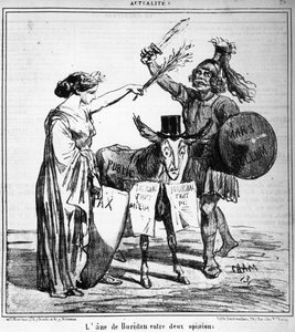 Buridans esel mellom to meninger - av Cham, i "" Charivari"" av 29.04.1859.