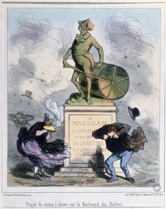 Prosjekt for å reise en statue til ære for Macadam på Boulevard des Italiens, Paris (farge litho) av Amédée de Noé