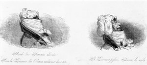 Satirisk tegning på de borgerlige på den franske revolusjonens tid. "" Mote med høye slips: under Terroren gjemte de vakre hodene sine... Past Terror... Hei, der er han!" I "" Tortures de la mode"" av Cham