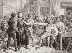 Lord Saye og Sele ført frem for Jack Cade, 4. juli 1450, fra «Illustrations of English and Scottish History» bind I (gravering) av Charles (after) Lucy