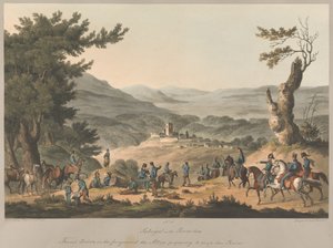 Nr.5. Sabugal ved elven Coa Franske streiker i forgrunnen de allierte forbereder seg på å krysse elven av Charles (after) Turner