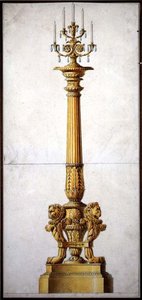 Design for en nyklassisk kandelaber, ca. 1820 (penn og blekk med akvarell på papir) av Charles (attr. to) Percier