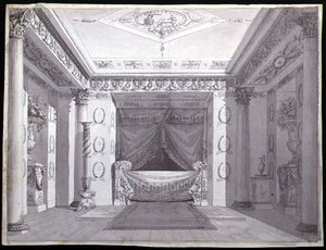 Design for et Empire-soverom, ca. 1810 (penn og blekk og akvarell på papir) av Charles (attr. to) Percier