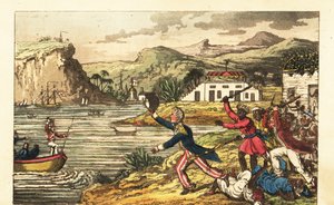 Engelsk marineoffiser som flykter fra en sint Massa-planteplanter og Quashee-slavede menn som driver med barndising på Jamaica