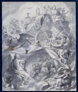 Allegori: "" The Victorious Church of Heresie or the Triumph of Religion"" Tegning av en gouache og vask av verkstedet til Charles Lebrun (Le Brun) (1619-1690) Paris fra 1600-tallet, Musee du Louvre av Charles (studio of ) Le Brun