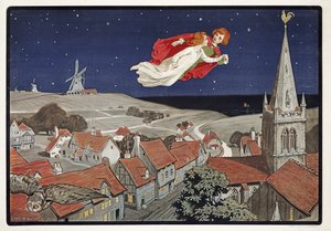 Peter og Wendy Flying fra Peter Pan av J M Barrie (1860 - 1937), pub.1904 (farge litho)