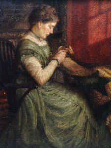 Portrett av en dame som sitter i en lenestol som syr av Charles A. Sheehan