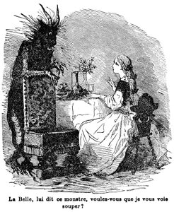 Illustrasjon for historien om fru Jeanne Marie Leprince de Beaumont "Skjønnheten og Bete", 1800-tallet av Charles Albert dArnoux Bertall