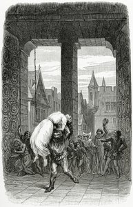 Quasimodo redder Esmeralda fra henrettelse - illustrasjon fra Notre Dame de Paris, 1800-tallet (bw gravering)