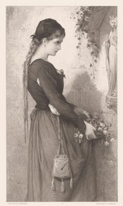 Ung kvinne bringer blomster til nisje med statue av Maria Marguerite (tittel på objekt) av Charles Alphonse Deblois