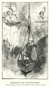 Stephenson går nedover skaftet (gravering)