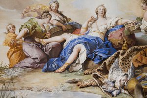 Resten av Diana blant nymfene, av Charles-Andre van Loo (1705-1765), freskomaleri, hvelvet tak på soverommet, dronningens leilighet, jaktresidens, av Filippo Juvarra (1678-1736). ), Stupinigi, Piemonte, Italia