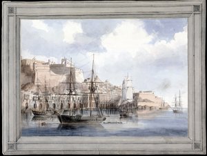 Vue de Malte (View at Malta) (den store havnen i Valletta med Fort Sant Angelo) - Maleri av Charles Andrew Dyce (1816-1853), akvarell på papir (25,1 x 34,9 cm), ca. 1849 - Yale University (USA) av Charles Andrew Dyce