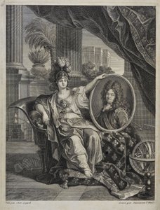 Louis XIV (1638-1715), King of France, Protector of Sciences - engraving by Antoine Coypel in “History of the Royal Academy of Sciences”” 1703 av Charles Antoine (after) Coypel