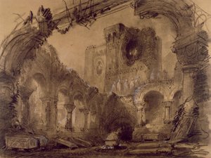 Ruiner, naturdesign for en forestilling av 'Macbeth' av Giuseppe Verdi (1813-1901) på Theatre Lyrique, Chatelet, Paris, 1865 (kull og hvitt kritt på papir) av Charles Antoine Cambon
