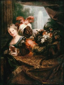 Ung svart mann som holder en kurv med frukt og en ung jente som stryker en hund av Charles Antoine Coypel