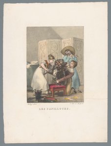 Tre barn krøller en hund med papilloter Les papillotes (tittel på objekt) Barnelek og ugagn (serietittel) Les jeux de l'enfance (serietittel)