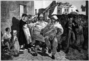 Militærtjeneste: loddtrekning i Burgund, vernepliktige nær Macon. Gravering av Montbart i ""The Illustrous World"" nr. 1299 av 18. februar 1882. av Charles Auguste Loye