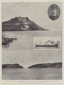 Inngang til havnen i Santiago de Cuba; med Merrimac som ble senket ved den smaleste delen av kanalen av Charles Auguste Loye