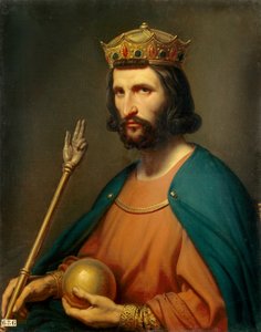 Portrett av Hugues Capet (941-996) konge av Frankrike i 987. Han holder i hånden en globus og et septer, maktsymboler. Maleri av Charles de Steuben (1788-1856) 1800-tallet Søn. 0,91x0,74 m. - Portrett av Hugues Capet (941-996), konge av Frankrike i 987. Ha