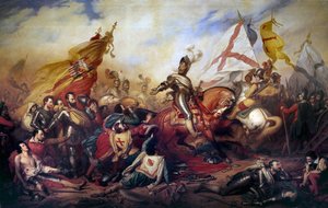 Religionskriger (1562-1598): "" Kong Henrik IV av Frankrike (1553-1610) i slaget ved Ivry 14.03.1590"" Den kongelige hæren vant mot hæren til Den katolske liga. Detalj av maleriet av Charles de Steuben (1788-1856) 1800-tallet Sun. 4,2x8,1 m - Wa