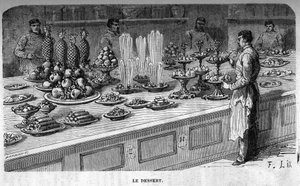 Cuisines of the Palais des Tuileries: Preparation of desserts during a reception under the Second Empire. Engraving by Barbant av Charles Barbant