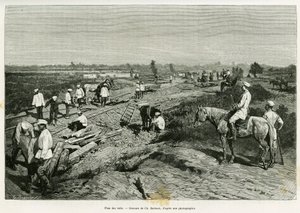 Legging av transkaspiske skinner. Gravering av Ch. Barbant for å illustrere historien Voyage a Merv, av Edgar Boulanger, i le tour du monde 1887, regissert av Edouard Charton (1807-1890), Hachette, Paris. av Charles Barbant
