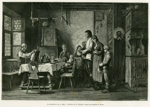 Den velsignede. Barbant-gravering etter et maleri av Brion, for å illustrere historien A Through Alsace and Lorraine, av Charles Grad, tysk deputert, i 1884, i tour du monde 1886, regissert av Edouard Charton (1807-1890), Hachette, Paris. av Charles Barbant