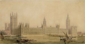 Perspektivvisning av de nye parlamentshusene, ca. 1840-tallet (wc over grafitt, gouache, penn og blekk på papir)