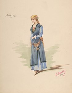 Kostymedesign for Andrey [a], Beskrivende ark med tilbehør [b], 1889.