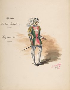 Kostymedesign for offiserer til Duke Frederick [a], Descriptive Sheet of Costume..., 1889.
