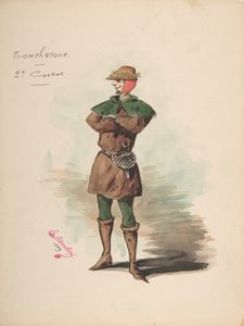 Kostymedesign for Touchstone [a], Deskriptivt ark med kostyme og tilbehør..., 1889.