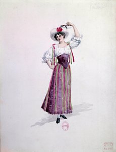 Ung kvinnekostyme (Nedda eller Colombine?) for operaen "" Paillasse"" (de pagliacci, klovner) av Ruggero Leoncavallo (1857-1919) fra 1892. Akvarell av Charles Bianchini (1860-1905)